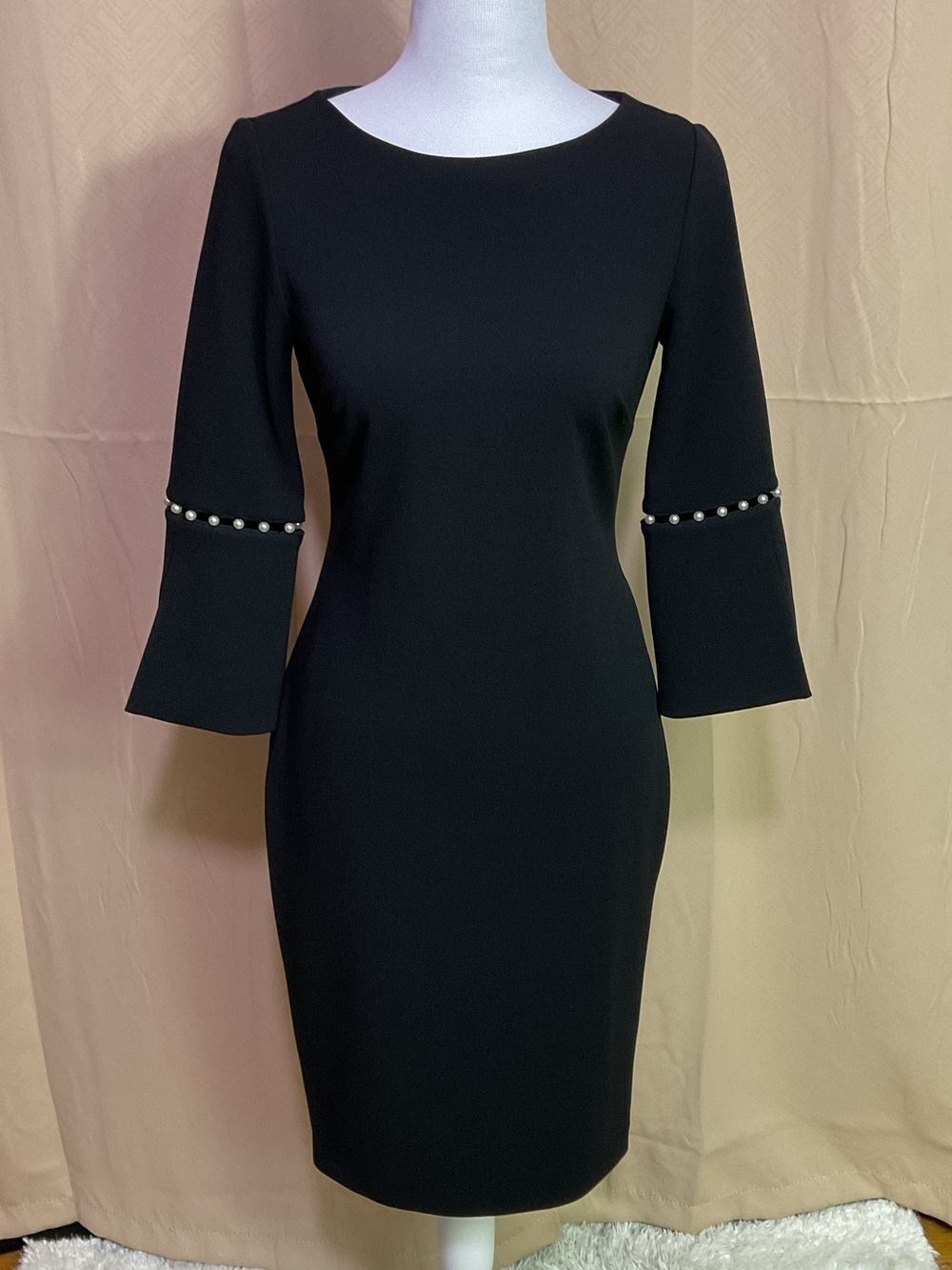 Calvin Klein Imitation Pearl Trim Bell Sleeve Sheath Dress